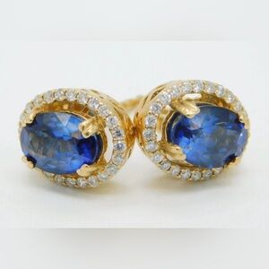 2.68Ctw Earth-Mined Nigerian Sapphires & Diamonds, 14KYG Stud Earrings